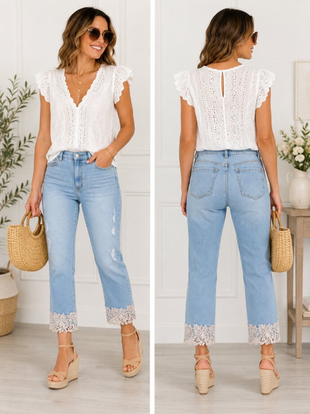 INC High Rise Straight Crop Jeans Size 12 Light Wash Lace Hem Distressed